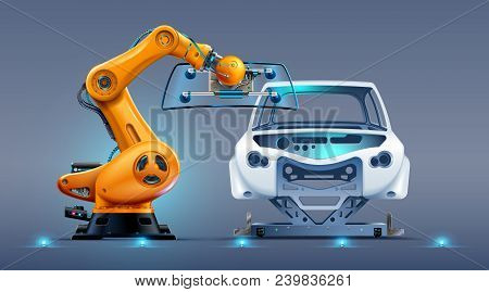 Robot Arm Work On Car Factory Or Manufacturing Line. Robotic Hand Attaches Windshield Or Glass On Ca