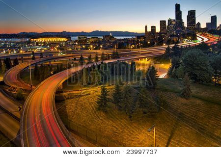 Seattle Downtown Highway Traffic Light Trails