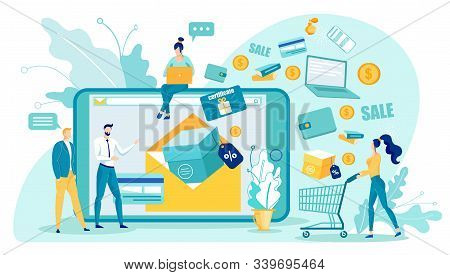 E-commerce Sales And Online Shopping With Discount. Cartoon Man And Woman Using Digital Gadgets For 