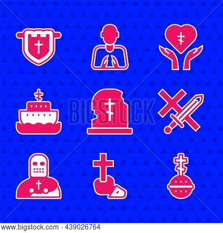 Set Grave With Tombstone, Christian Cross, Crusade, Knight Crusader, Ark Of Noah, Religious In Heart