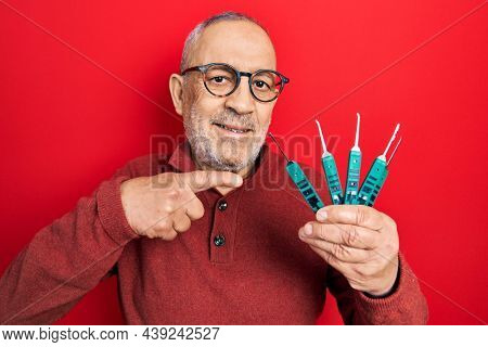 Handsome mature man holding picklock to unlock security door smiling happy pointing with hand and finger 