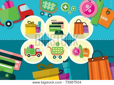 Internet shopping process and delivery icons