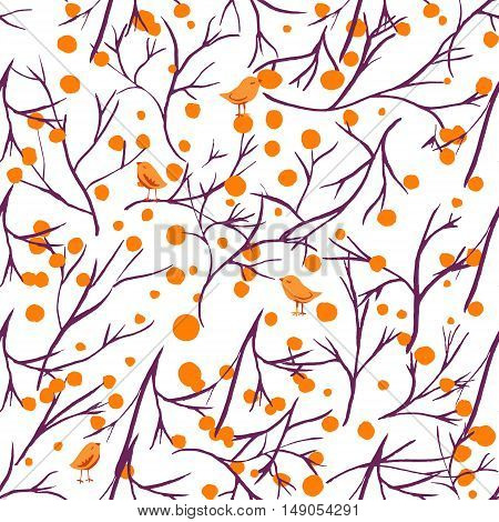 A vector seamless pattern with freehand watercolor drawings of abstract tree branches, yellow and orange fruits and quirky little birds, on white background