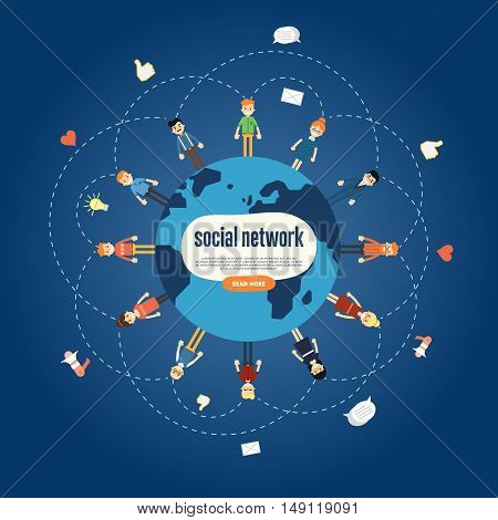 Social media network infographics with people and their social network. Community of social network people vector illustration. Social media people. Social networking concept. Social media and social network people connecting. Social network map.