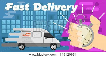 White delivery truck on urban landscape. Human hand points at stopwatch timer. Fast delivery banner vector illustration. Commercial vehicle. Courier service. Fast delivery truck concept. Delivery truck banner. Delivery service with delivery van or truck