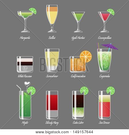 Alcoholic cocktails vector illustration. Mojito and caipirinha, margarita and cosmopolitan. Alcohol beverage cocktail white russian, drink fresh cocktail