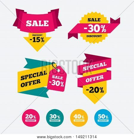 Sale discount icons. Special offer price signs. 20, 30, 40 and 50 percent off reduction symbols. Web stickers, banners and labels. Sale discount tags. Special offer signs. Vector