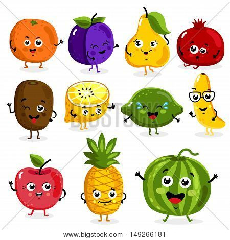 Cartoon funny fruits characters and fruits face isolated on white background vector illustration. Funny fruit face and cartoon fruit characters icon vector set. Cartoon characters. Cartoon face food. Smiling cute funny food. Cartoon food.