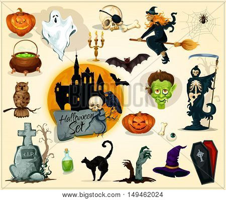 Halloween icons and symbols for banners, greeting cards design. Vector elements of pumpkin candle lantern, witch broom, zombie, skeleton skull, coffin, gravestone with cross, cauldron, ghost, black cat, bats, owl, haunted house