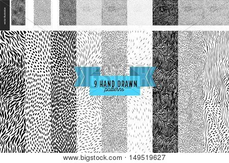 Handdrawn black and white patterns set. Fur or leaves seamless black and white patterns