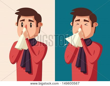 Sick man. Unhappy character. Vector cartoon illustration. Man with handkerchief in hand. Season allergy