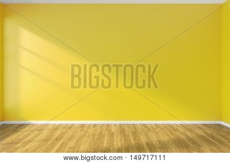 Yellow wall of empty room with hardwood parquet floor and sunlight from window on the wall minimalist interior 3d illustration