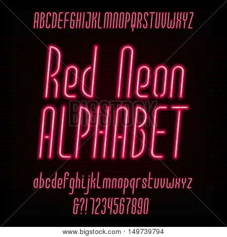 Red neon typeface. Modern oblique alphabet. Uppercase and lowercase letters and numbers. Vector font for your design.