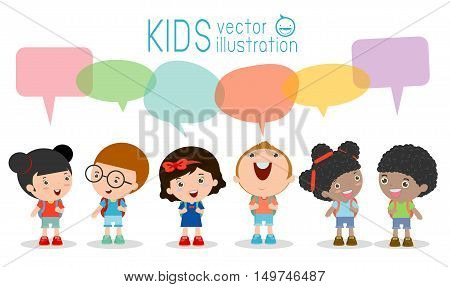 Cute kids with speech bubbles, Set of diverse Kids and Different nationalities with speech bubbles isolated on white background, Kids go to school with speech balloon, back to school, Vector