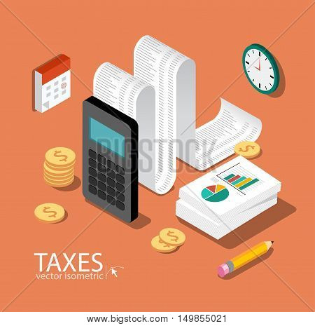 Flat 3d isometric design concepts for business and finance. Concepts for taxes, finance, bookkeeping, accounting, business, stock market, market research, etc.