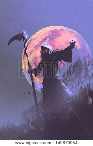 the death with scythe standing against night sky with full moon, halloween concept, illustration painting