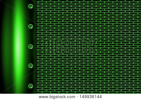 green metal background with rivet on gray metallic mesh. background and texture 3d illustration.