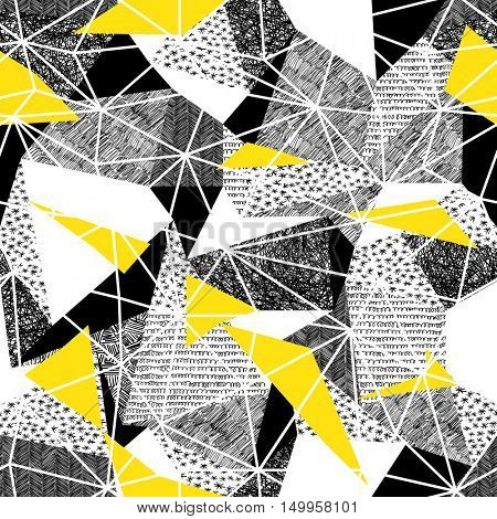 Geometric seamless pattern in retro style. Vintage background.Triangles and hand drawn patterns. Low poly seamless repeat pattern. Vector pattern. Black and Yellow Wireframe Background