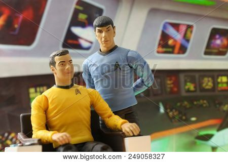 JULY 9 2018: Scene from Star Trek the Original Series - Captain James T Kirk and First Officer Mr. Spock aboard the bridge of the USS Enterprise - Art Asylum action figures