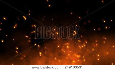 Burning Red Hot Sparks Rise From Large Fire In The Night Sky. Beautiful Abstract Background On The T