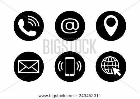 Contact Icons In Black Circles In Flat Style. Telephone, Mail, Mobile Phone, Email, Location And Web