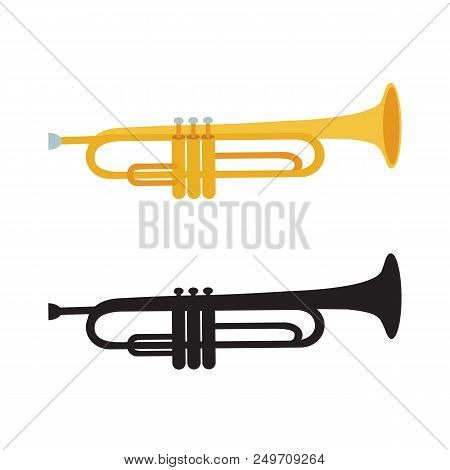 Golden Trumpet And Black Trumpet Silhouette Isolated On White Background. Vector Illustration. Wind 