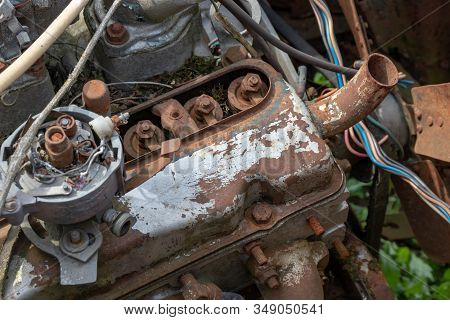 Parts Of Old Abandoned Rusty Vehicles, Crushed Cars In Scrapyard, Junk Yard Needed To Be Utilised An