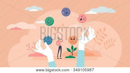 Juggling Emotions, Flat Tiny Persons Vector Illustration. Personal Traits And Self Awareness Emotion