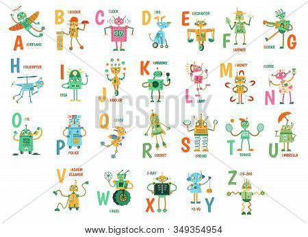 Cartoon Robots Alphabet. Funny Robot Characters, Abc Letters For Kids And Education Poster With Robo