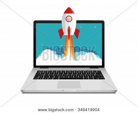 Vector Rocket Launch Website Computer Concept Illustration. Business Start Rocket Launch