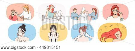 Set Of Woman Daily Facial Skincare Routine Procedures. Bundle Of Female Enjoy Spa And Cosmetology Tr