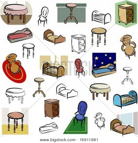 A set of home furniture vector icons in color, and black and white renderings.