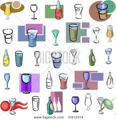 A set of glass and bottle vector icons in color, and black and white renderings.