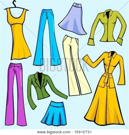 Un set di 9 illustrazioni vettoriali di moda femminile abiti, gonne, pantaloni, camicie e giacche.