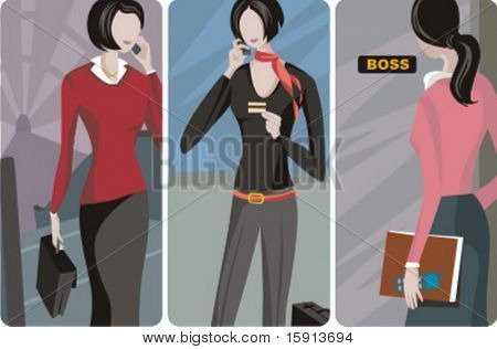 A set of 3 businesswomen vector illustrations. 1)A businesswoman speaking on a mobile phone in the subway station 2)A businesswoman speaking on a mobile phone 3)A secretary entering the boss room