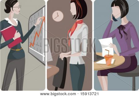 A set of 3 businesswomen vector illustrations. 1) A businesswoman making a presentation of the business development. 2) A businesswoman in an office. 3) A businesswoman speaking on a mobile phone.