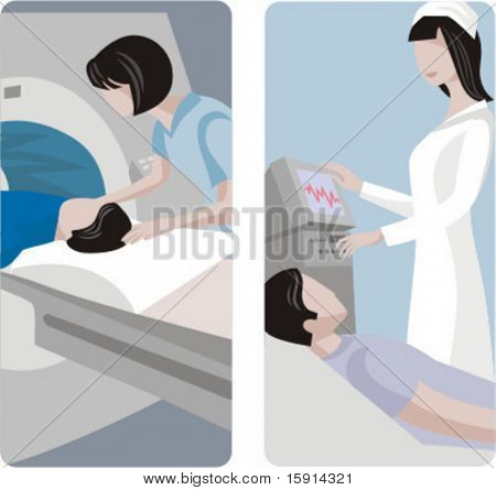 Ein Satz von 2 Medizinische Illustrationen. 1) Arzt Scannen ein Patienten. 2) Arzt und Patient.