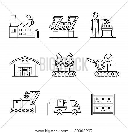 Modern robotic and manual manufacturing assembly lines. Packaging, loading and warehouse inventory. Thin line art icons set. Linear style illustrations isolated on white.