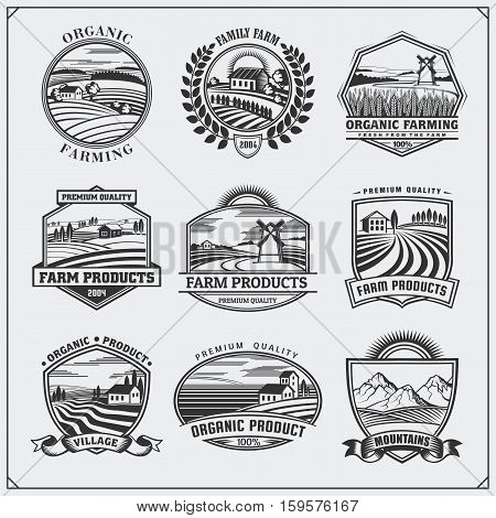 Vector illustration of retro landscapes. Farm fresh food labels, badges, emblems and design elements. Organic, ecology and bio natural design. Set of vintage premium quality labels.