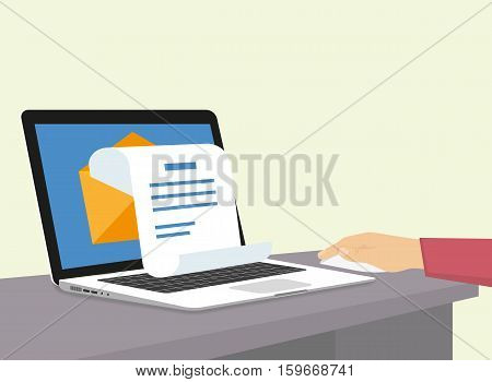 Man is getting a newsletter via e-mail. Flat illustration of human hand working with laptop at home and receiving instant promotion newsletter. Open envelope with white letter paper