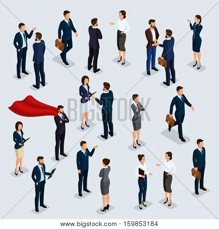 People Isometric 3D isometric businessmen and business woman business clothes human movement. The people in the crowd talking brainstorming. Concept isolated on a light