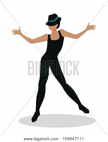 Jazz dancer in hat and long black suit. Tap Dance, Jitterbug, Swing dance, Lindy Hop, Modern jazz dance. Person entertain public on the fashion show at musical party. Fashion event. Vector