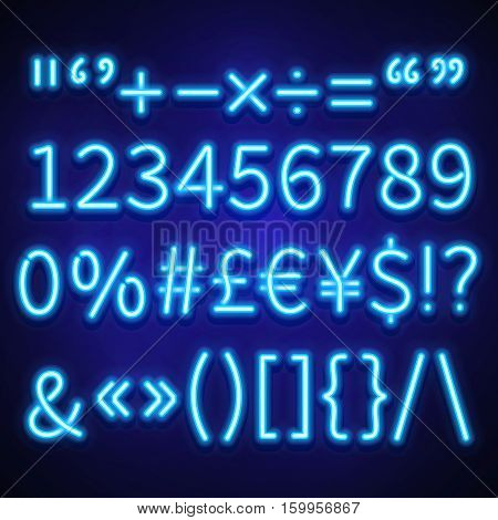 Glowing neon numbers, text symbols and currency signs vector typeset, font. Neon signs of currency dollar and euro, brackets neon and symbol percentage illustration