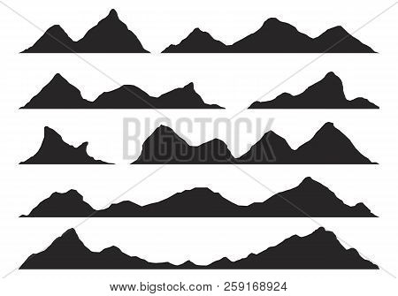 Mountains Silhouettes On The White Background. Wide Semi-detailed Panoramic Silhouettes Of Highlands