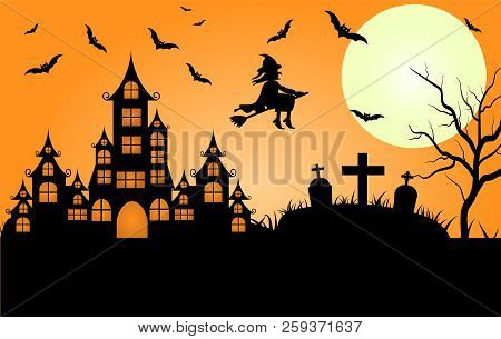 Happy Halloween. A Halloween Cat In A Witch Hat Flies On A Broomstick Against The Full Moon At Night