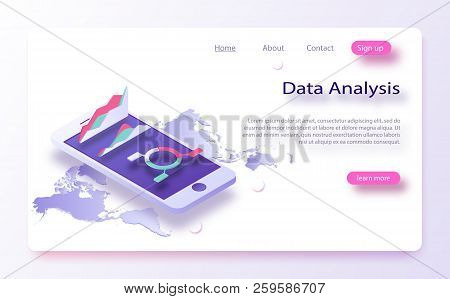 Business, Data Charts, Incoming Information Isometric. Data Analytics Concept Banner. Bigdata Report