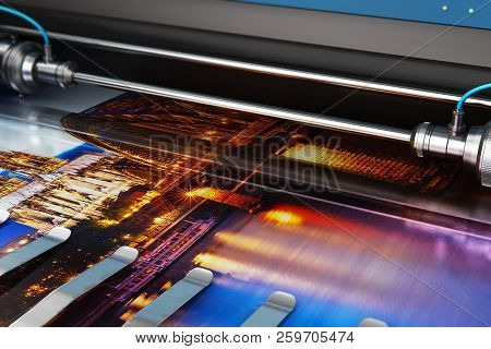 3d Render Illustration Of Printing Photo Banner On Large Format Color Plotter In Typography Or Print