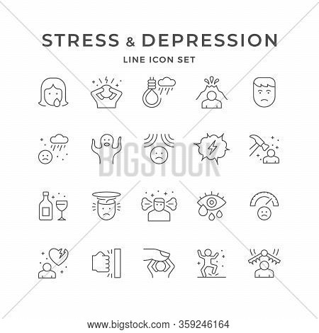 Set Line Icons Of Stress And Depression Isolated On White. Anger, Rage, Phobia, Fear, Suicide, Emoti