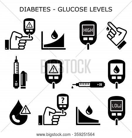 Diabetes, Diabetic Healthcare Vector Icons Set - High And Low Sugar, Glucose Levels - Hypoglycemia, 