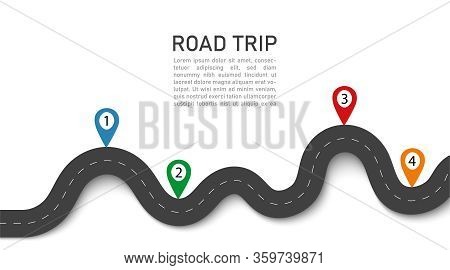 Road Trip. 3d Journey With Gps Navigation, Location In Street. Winding Way Map. Asphalt For Car In H